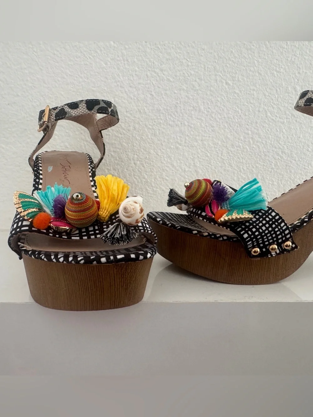 Betsy Johnson Black & White Patterned Platforms with Multicolor Tassel Accents